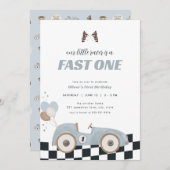 Blue Race Car Fast One First Birthday Invite  招待状 (正面/裏面)