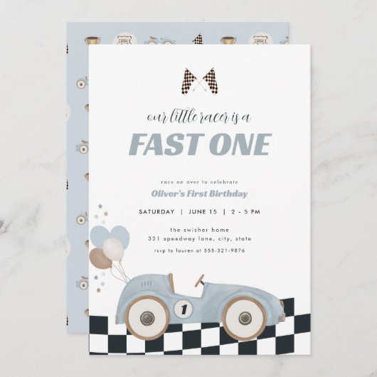 Blue Race Car Fast One First Birthday Invite  招待状 (正面/裏面)