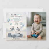 Blue Race Car First Birthday Photo 招待状 (正面)