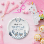 Blue Race Car First Lap Around the Track Birthday ペーパープレート (パーティー)