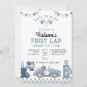Blue Race Car First Lap Around The Track Birthday 招待状 (正面)