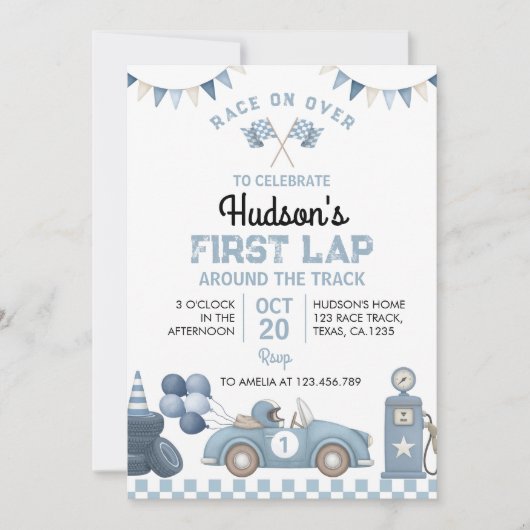 Blue Race Car First Lap Around The Track Birthday 招待状 (正面)