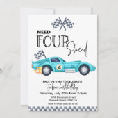 Blue Race Car, Need FOUR speed 4th Birthday 招待状 (正面)