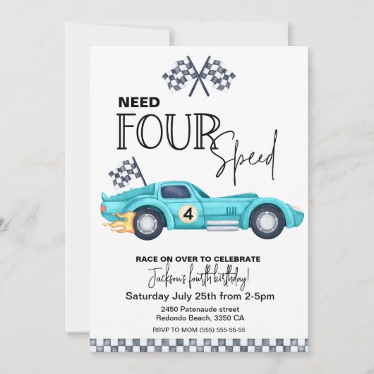Blue Race Car, Need FOUR speed 4th Birthday  招待状 (正面)