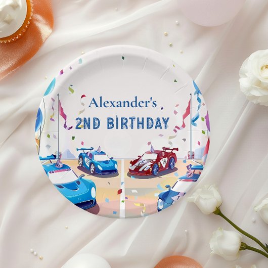 Blue Race Car Two Fast Birthday ペーパープレート
