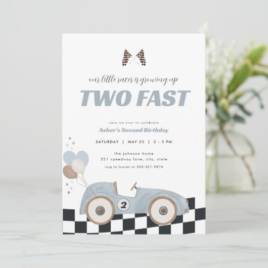 Blue Race Car Two Fast Second Birthday Invite  招待状 (スタンド正面)