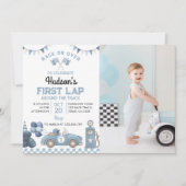 Blue Racing Car Boy Birthday Party Photo 招待状 (正面)
