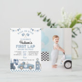 Blue Racing Car Boy Birthday Party Photo 招待状 (スタンド正面)