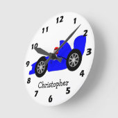 Blue Racing Car Personalised ラウンド壁時計 (傾斜)