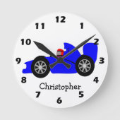 Blue Racing Car Personalised ラウンド壁時計 (正面)