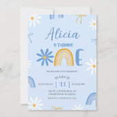 Blue Rainbow Daisy Coquette Girl 1st Birthday invi 招待状 (正面)