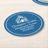 Blue Real Estate Company Custom Realtor Party ラウンドペーパーコースター (アングル)