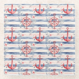 Blue Red Anchors Floral Stripes Beach  ガラスコースター
