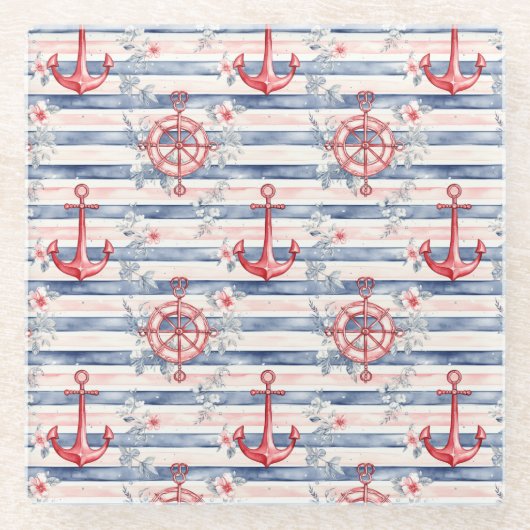 Blue Red Anchors Floral Stripes Beach  ガラスコースター (正面)