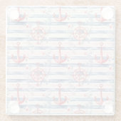 Blue Red Anchors Floral Stripes Beach  ガラスコースター (裏面)