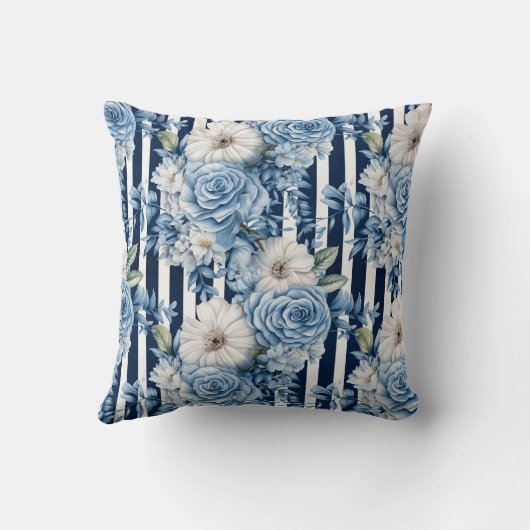 Blue Red Anchors Floral Stripes Beach クッション (裏面)