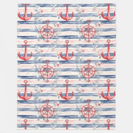 Blue Red Anchors Floral Stripes Beach  フリースブランケット