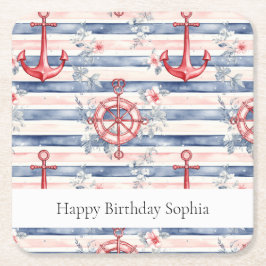 Blue Red Anchors Floral Stripes Beach Birthday スクエアペーパーコースター