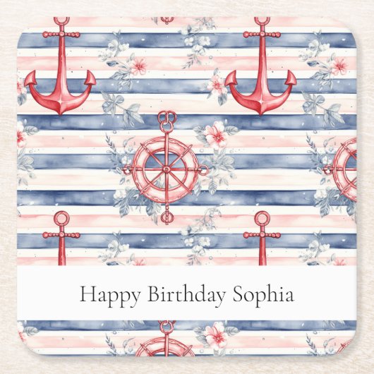 Blue Red Anchors Floral Stripes Beach Birthday スクエアペーパーコースター (正面)