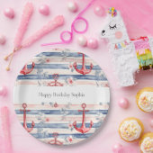 Blue Red Anchors Floral Stripes Beach Birthday ペーパープレート (パーティー)