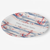 Blue Red Anchors Floral Stripes Beach Birthday ペーパープレート (アングル)