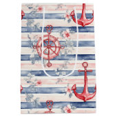 Blue Red Anchors Floral Stripes Beach Birthday ミディアムペーパーバッグ (裏面)