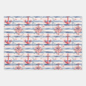 Blue Red Anchors Floral Stripes Beach Birthday ラッピングペーパーシート (正面)