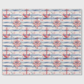 Blue Red Anchors Floral Stripes Beach Birthday ラッピングペーパー (フラット)