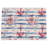 Blue Red Anchors Floral Stripes Beach Birthday ラージペーパーバッグ (正面)