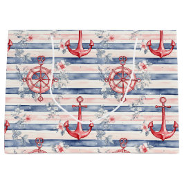Blue Red Anchors Floral Stripes Beach Birthday ラージペーパーバッグ