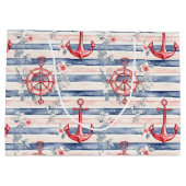 Blue Red Anchors Floral Stripes Beach Birthday ラージペーパーバッグ (裏面)