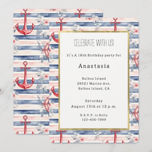 Blue Red Anchors Floral Stripes Beach Birthday 招待状 (正面/裏面)