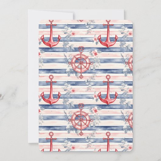 Blue Red Anchors Floral Stripes Beach Birthday 招待状 (裏面)