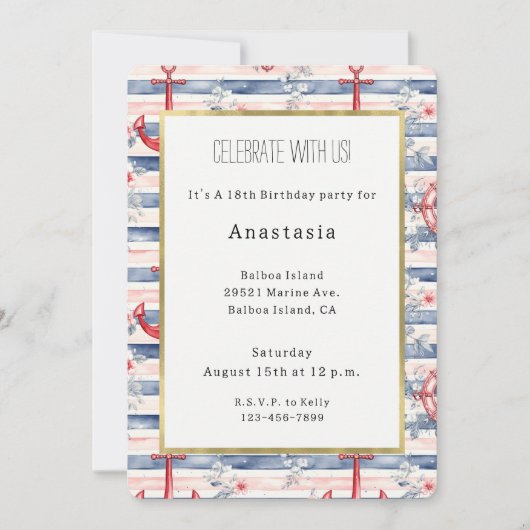 Blue Red Anchors Floral Stripes Beach Birthday 招待状 (正面)