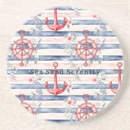 Blue Red Anchors Floral Stripes Beach Ocean コースター