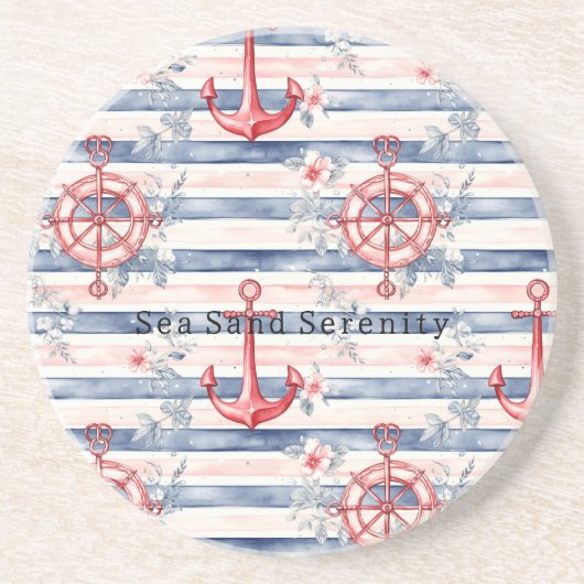Blue Red Anchors Floral Stripes Beach Ocean コースター (正面)
