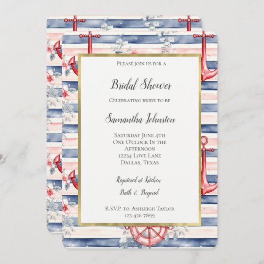 Blue Red Anchors Floral Stripes Bridal Shower 招待状 (正面/裏面)