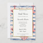 Blue Red Anchors Floral Stripes Bridal Shower 招待状 (正面)