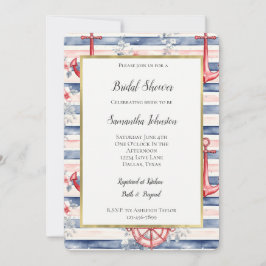 Blue Red Anchors Floral Stripes Bridal Shower 招待状