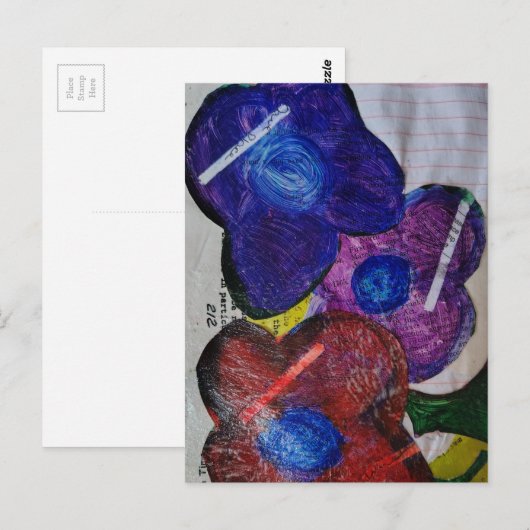 Blue Red and Purple Flowers Mixed Media Collage ポストカード (正面/裏面)