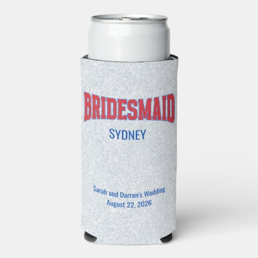 Blue + Red Faux Glitter BRIDESMAID Bachelorette スリム缶クーラー (Seltzer正面)