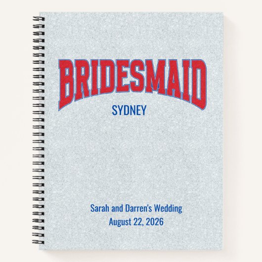 Blue + Red Faux Glitter BRIDESMAID Bachelorette ノートブック (正面)
