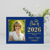 Blue, Red Gold FOIL Class of 2026 Photo Graduation 箔招待状 (立ち正面)
