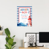Blue Red Nautical Ahoy Boy Lighthouse Baby Shower  ポスター (ホームオフィス)