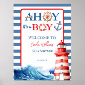 Blue Red Nautical Ahoy Boy Lighthouse Baby Shower  ポスター (正面)