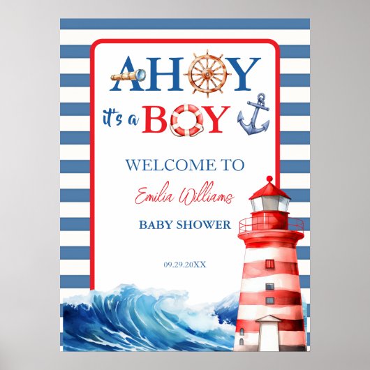 Blue Red Nautical Ahoy Boy Lighthouse Baby Shower  ポスター (正面)