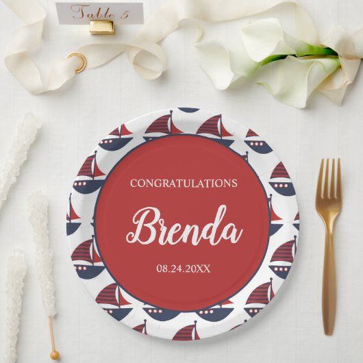 Blue & Red Nautical Baby Shower ペーパープレート (ウェディング)