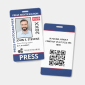 Blue Red Photo & Logo Press ID QR Code バッジ (正面＆裏面)