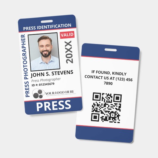 Blue Red Photo & Logo Press ID QR Code バッジ (正面＆裏面)