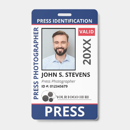 Blue Red Photo & Logo Press ID QR Code バッジ (正面)